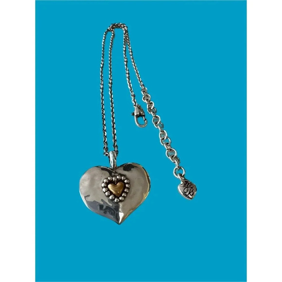 Brighton LOVE BEYOND WORDS Silver Gold Heart 1 inch Pendant Necklace w/pouch - Picture 5 of 8